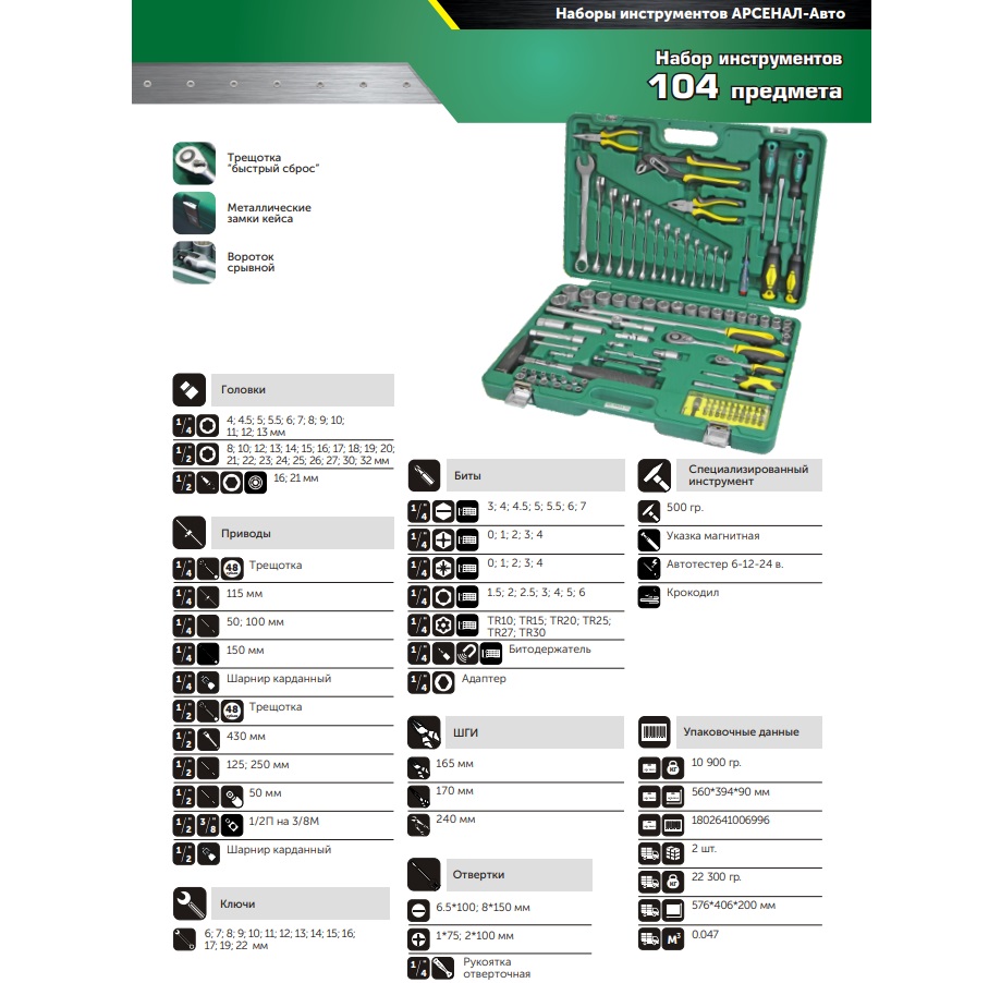 AUTO Набор инструмента 104 пр. Арсенал(АА-С1412Р104, цены в Москве