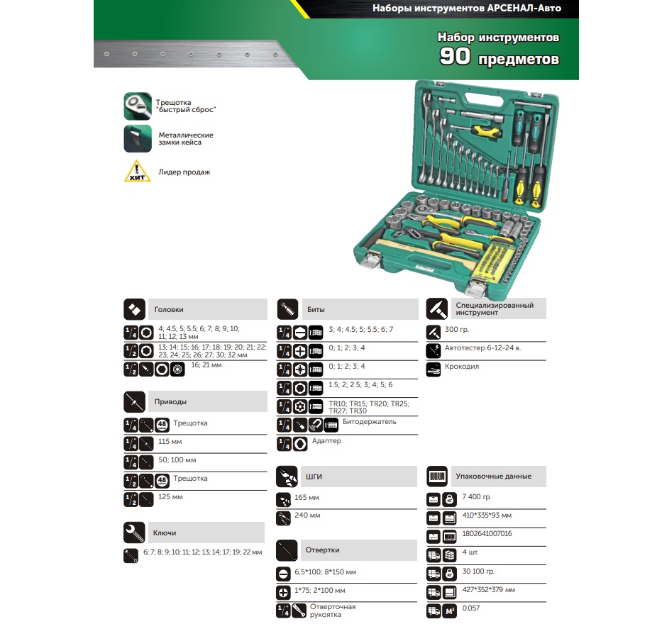 AUTO Набор инструмента 90 пр. Арсенал(AA-C1412L90), цены в Москве