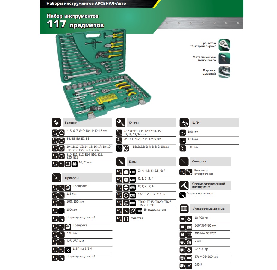 AUTO Набор инструмента 117 пр. Арсенал(AA-C1412P117, цены в Москве